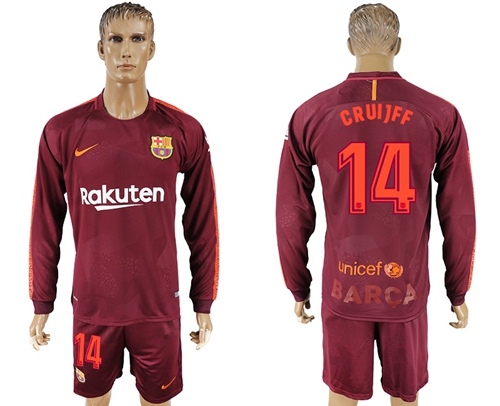 Barcelona #14 Cruijff Sec Away Long Sleeves Soccer Club Jersey